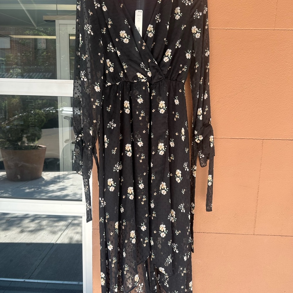 Aqua Black Floral Long Sleeve Dress